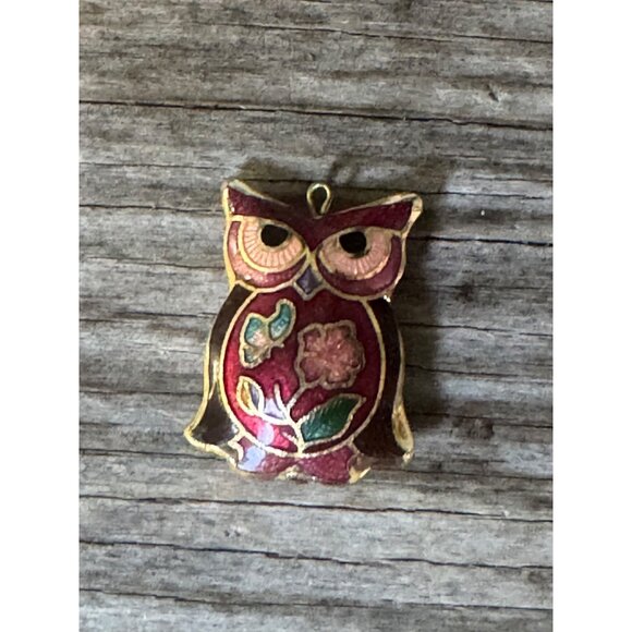 Vintage Cloisonné Owl Pendant Red Enamel & Gold Floral Design Double Sided - Picture 2 of 4